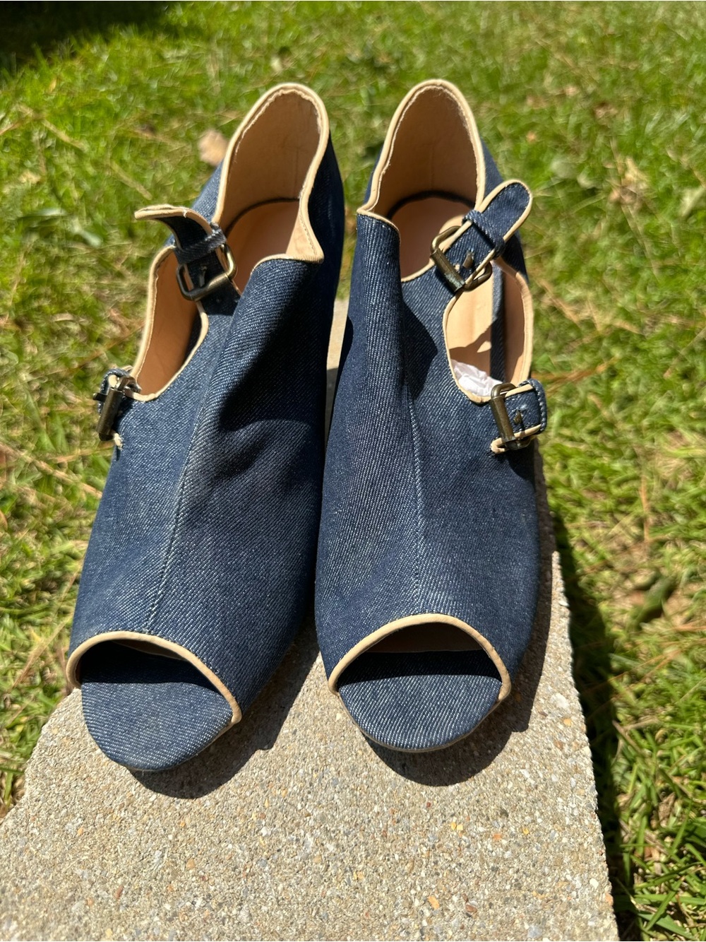 Avon Denim Peep-Toe Slingback Heels - Navy with Tan Trim